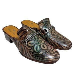 Patricia Nash mules low heel multicolor embossed leather flower size 7